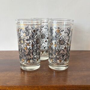 VINTAGE LIBBEY - Decorative Black & Gold Floral Glass Tumbler - Set of 3